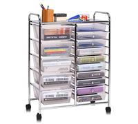 RELAX4LIFE Chariot de Rangement avec 15 Multi-tiroirs en PP et Cadre en Métal, Rayonnage de Rangement à roulettes avec 2 Freins pour Bureau, Salon, Chambre (10 étagères avec 15 tiroirs, Clair)