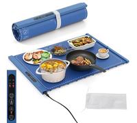 RELAX4LIFE Chauffe-Plat Électrique en Silicone Enroulable avec 3 Températures Réglables 60-100℃ et Minuteur 1-2-4H, Sangle Auto-Agrippante, Sac de Rangement pour Buffets Fête, Voyag Réunions, Bleu