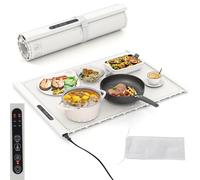 RELAX4LIFE Chauffe-Plat Électrique en Silicone Enroulable avec 3 Températures Réglables 60-100℃ et Minuteur 1-2-4H, Sangle Auto-Agrippante, Sac de Rangement pour Buffets Fête, Voyag Réunions, Blanc
