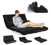 RELAX4LIFE Chauffeuse 2 Personnes Pliable en Daim Dossier Réglable de 90 ° à 180 ° de 5 Positions avec 2 Oreillers, Fauteuil Couvertible Cadre Métallique Charge Max 150 KG (Modèle 1, Noir)