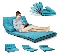 RELAX4LIFE Chauffeuse 2 Personnes Pliable en Daim Dossier Réglable de 90 ° à 180 ° de 5 Positions avec 2 Oreillers, Fauteuil Couvertible Cadre Métallique Charge Max 150 KG (Modèle 1, Bleu)