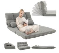 RELAX4LIFE Chauffeuse 2 Personnes Pliable en Velours Dossier Réglable en 6 Positions de 90 ° à 180 ° avec 2 Oreillers, Fauteuil Couvertible Cadre Métallique Charge Max 150 KG (Gris, Modèle 5)