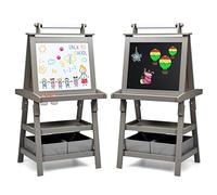 RELAX4LIFE Chevalet pour Enfants 3 en 1 avec Plateau Double Faces Noir et Blanc avec 2 Étagère de Rangement, Tableau Magnétique avec Accessoires Complets, 59X50X117 CM, Marron/Vert/Gris (Marron)