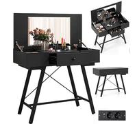 RELAX4LIFE Coiffeuse Adulte Peu Encombrante 97x47x81cm avec Table Pliante, Miroir, 6 Compartiments Cachés, Tiroir, Port de Charge 2 Ports USB+TypeC, Bureau Multifonction Moderne pour Chambre (Noir)