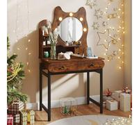 RELAX4LIFE Coiffeuse avec LED et Miroir Design Chat, Table de Maquillage Mignonne avec 2 Prises+USB+TypeC, 3 Modes d'Éclairage, Étagères de Rangement & 2 Tiroirs pour Chambre (Brun)