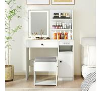 RELAX4LIFE Coiffeuse avec Miroir LED à 3 Couleurs, Table de Maquillage Moderne avec Tabouret Tiroir et Étagères, Station de Charge Intégrée (TypeC+USB+2 Secteurs) pour Chambre, Vestiaire