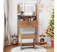 RELAX4LIFE Coiffeuse avec Tabouret et Miroir LED à 3 Modes,Luminosité Réglable, Plateau en Verre Trempé, 2 Tiroirs, Table de Maquillage Prise Intégrée Compacte pour Petit Appartement, Chambre