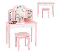 RELAX4LIFE Coiffeuse Enfant avec Tabouret et Miroir à 3 Volets Amovible, Coiffeuse Fille 2-en-1 Moderne Idéale pour Filles 3-7 Ans, Blanc/Rose(Modèle 1, Rose)