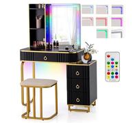 RELAX4LIFE Coiffeuse et Tabouret avec Miroir LED à 7 Couleurs|Station de Charge(Charge sans Fil+USB+TypeC), 7 Modes Dynamiques & 7 Statiques 3 Étagères, Écran Tactile/Télécommande, 4 Tiroirs (Noir)