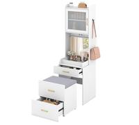 RELAX4LIFE Coiffeuse Moderne Compacte | Miroir Rabattable + Tabouret Caché | Station de Charge (TypeC+USB+2 Secteurs) | Rangements Pratiques - Table de Maquillage 52x51x175 cm, Blanc