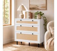 RELAX4LIFE Commode 3 Tiroirs avec Cannage, Commode Chambre Bohème | Pieds en Métal, Anti-Basculement, Robot-Compatible 15CM, Meuble Rotin pour Chambre Salon Entrée, 75X35X77,5 CM