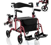 RELAX4LIFE Déambulateur 4 Roues Pliable Léger, Déambulateur Extérieur avec Siège, Accoudoirs, Repose-Pieds, Hauteur 85-96 CM, Frein à Main, Porte-Parapluie, Rollator Pliable pour Adulte (Rouge)
