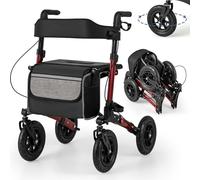 RELAX4LIFE Déambulateur 4 Roues Pliable Léger | Rollator 4 Roues Tout Terrain | Assise & Dossier Rembourrés | Panier | Hauteur Réglable | Déambulateur Pliable Portable pour Personnes Âgées (Rouge)