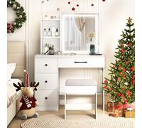 RELAX4LIFE Ensemble Coiffeuse avec Tabouret, Miroir avec 3 Modes d’Éclairage et Luminosité Réglable, Table de Maquillage avec Prise Intégrée, 4 Tiroirs, Étagères, pour Chambre à Coucher
