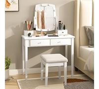 RELAX4LIFE Ensemble de Coiffeuse avec Mirror Hollywood Pivotant à 360°,LED à 3 Modes,Tabouret Rembourré Confortable, 4 Tiroirs de Rangement, Table de Maquillage pour Chambre