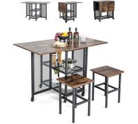 RELAX4LIFE Ensemble de Table à Manger Pliante avec 2 Tabourets, Table de Cuisine avec Roues Verrouillables, 2 Étagères, Naturel