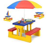 RELAX4LIFE Ensemble Salon de Jardin pour Enfant - 1 Table et 2 Bancs Plus 1 Parasol Multicolore, pour