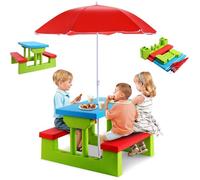 RELAX4LIFE Ensemble Salon de Jardin pour Enfant - 1 Table et 2 Bancs Plus 1 Parasol Rouge, pour Pique-Nique, Cour, Patio, Piscine