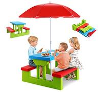RELAX4LIFE Ensemble Salon de Jardin pour Enfant avec Table et 2 Bancs | Mobilier de pique-nique pour enfants avec parasol centré, idéal pour cour, patio et piscine