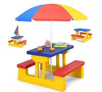 RELAX4LIFE Ensemble Salon de Jardin pour Enfant Coloré | Mobilier de jardin avec 1 table, 2 bancs et 1 parasol centré pour pique-nique, cour, patio ou piscine