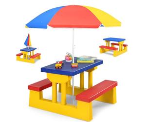 RELAX4LIFE Ensemble Salon de Jardin pour Enfant Comprenant 1 Table 2 Bancs 1 Parasol Centré en Couleurs Vives, Table de Jardin pour Pique-Nique Cour Patio Piscine (Coloré, PP | Dia.107x135cm)