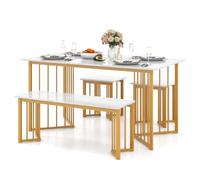 RELAX4LIFE Ensemble Table et Chaises 4 PCS, à Manger avec 2 Tabourets et Banc Encastrables, Grain Marbre, Cadre en Métal Doré, pour Petit Espace, Salle à Manger