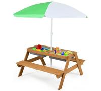 RELAX4LIFE Ensemble Table et Chaises de Jardin 3 en 1 pour Enfants, Table Pique-Nique et Banc d'Extérieur avec Parasol et 2