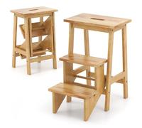 RELAX4LIFE Escabeau Pliable à 3 Marches 56x36x61 cm, Chaise d'Échelle en Bois de Caoutchouc avec Poignée Intégrée, Étagère de Rangement Multifonctionnelle pour Salon Cuisine Bibliothèque (Naturel)