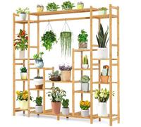 RELAX4LIFE Étagère à Fleurs en Bambou, 9 Niveaux, Porte-Plantes avec Support de Suspension, Conception en Quinconce