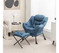 RELAX4LIFE Fauteuil de Salon avec Repose-Pied, Fauteuil Relax Confortable en PE avec Poche Latérale-Appui-tête-Patins Antidérapants pour Chambre Salon Bureau,Bleu