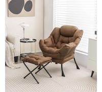 RELAX4LIFE Fauteuil de Salon avec Repose-Pied, Fauteuil Relax Confortable en PE avec Poche Latérale-Appui-tête-Patins Antidérapants pour Chambre Salon Bureau,Marron
