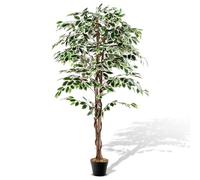 RELAX4LIFE Ficus Artificiel 160cm, Artificiel Réaliste Banian avec Feuilles Vertes et Blanches & Tronc Naturel, Plantes Artificielles Stables Remplie de Ciment sans Entretien pour Salon & Chambre