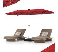 RELAX4LIFE Grand Parasol de Jardin Extérieur LED avec Pied (Bordeaux) | Parasol Double Terrasse avec Pied | 12 Baleines | Manivelle | Polyester Résistant | Protection UV pour Piscine Patio Marché