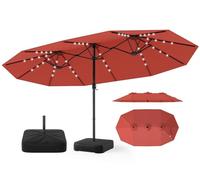 RELAX4LIFE Grand Parasol LED avec Pied, 4,4M Parasol Double de Jardin pour 6-8 Personnes, 48 Lampes, 12 Baleines, Manivelle, Attache, Loquet Sécurité, Protection Solaire pour Terrasse Piscine (Orange)