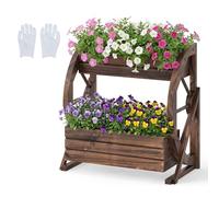 RELAX4LIFE Jardinière sur Pieds en Forme Roue, Bac à Fleur à 2 Niveaux en Bois Carbonisé Résistant, Trous de Drainage, Jardinière Surélevée Rustique pour Jardin Terrasse Balcon