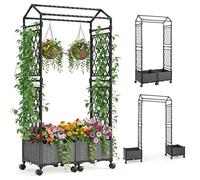 RELAX4LIFE Jardinière Surélevée avec Treillis, Arche Jardin avec 2 Jardinières sur roulettes, Montage Modulable sans Outil, Auto-Arrosage, Trous de Drainage pour Plantes Grimpantes Légume Fleur
