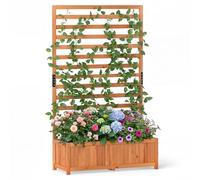 RELAX4LIFE Jardinière Surélevée avec Treillis, Jardinière Extérieur en Bois avec Base à Lattes Amovible, Doublure Incluse, Bac à Fleurs avec Treillis pour Plantes Grimpantes Légume Fleur (Orange)