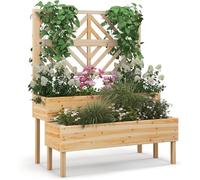 RELAX4LIFE Jardinière Treillis Bois à 2 Niveaux, Jardinière sur Pieds avec Treillis pour Plantes Grimpantes, Trou de Drainage, Carré Potager Surélevé pour Balcon Jardin Terrasse (Naturel)