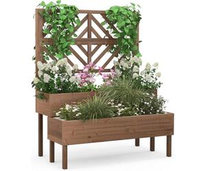 RELAX4LIFE Jardinière Treillis Bois à 2 Niveaux, Jardinière sur Pieds avec Treillis pour Plantes Grimpantes, Trou de Drainage, Carré Potager Surélevé pour Balcon Jardin Terrasse (Marron)