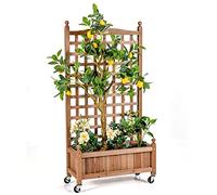 RELAX4LIFE Jardinière Treillis sur Roulette, Jardiniere Surélevée en Bois de Sapin pour Plantes Grimpantes, Bac à Fleurs avec Treillis, Résistant aux Intempéries pour Cour, Jardin, Balcon