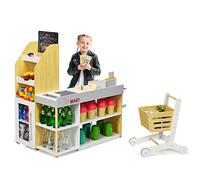 RELAX4LIFE Jouet Marchande de Supermarché en Bois pour Enfant, Jeu de Rôles et d’Imitation avec Chariot, Scanner de Code, Caisse et Machine à Carte de Crédit, Idéal pour l’Apprentissage des Petits