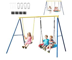 RELAX4LIFE Kit Balançoire Extérieur Charge 300 KG, Portique Balançoire Enfant en Forme A avec 1 Nacelle, 1 Siège, 4 Piquets de Terre, 4 Mousqueton pour Arrière-Cour Aire de Jeux, Enfants 3 Ans+