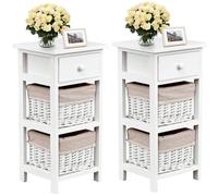 RELAX4LIFE Lot de 2 Table de Chevet à 3 Niveaux avec Tiroirs, Table de Nuit Simple avec 2 Paniers en Osie& 1 Tiroir en Bois Massif pour Salon/Chambreà Coucher/Bureau