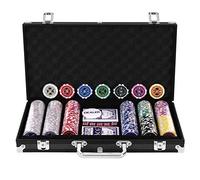 RELAX4LIFE Mallette de Poker 300 Jetons avec Adhésifs Brillants à Laser, Poids Jeton Travaillé à 11,5G, Jeu Complet avec 2 Jeux de Cartes, 1 Boutons Dealer, 5 Dés Rouges, Mallette Noir/Argenté (Noir)