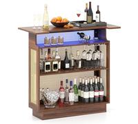 RELAX4LIFE Meuble de Bar en Rotin avec Éclairage LED RGB, Mini Bar Meuble Cuisine avec 3 Étagères, Supports à Verres, Mange Debout 110 CM pour Cuisine Salon, Contrôle App/Télécommande