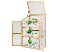 RELAX4LIFE Mini Serre de Jardin en Bois Peint Anti-Corrosion , Serre à Tomate Extérieur 3 Étagères avec Porte Double Toit Ouvrable Fixable, Vitrages Polycarbonate Isolation Thermique(60×45×100 cm)