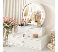 RELAX4LIFE Miroir de Courtoisie Rond 2-en-1 avec 2 Tiroirs Amovibles | Éclairage LED 3 Modes à Luminosité Réglable, Contrôle Tactile Intelligent pour Chambre et Salle de Bain, Blanc
