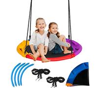 RELAX4LIFE Nid de Balançoire Ronde pour Enfants φ100cm avec Oreiller et Poignée, Réglable en Hauteur 100-160 cm, Charge Max 150kg (Multicolore avec Oreiller)