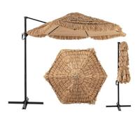 RELAX4LIFE Parasol de Plage Hawaï Tropicale Φ283cm, Parasol Cocotier en Paille PE avec 8 baleines, Double Toit Manivelle pour Plage Patio Piscine