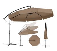 RELAX4LIFE Parasol Déporté Octogonal Φ305x250cm avec Housse, Parasol de Jardin Extérieur Inclinaison Réglable 0-35°, Manivelle et Base Croisée, 8 Baleines, Bords à Volants Chic pour Terrasse(Brun)